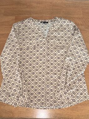 Como Black Cream Geometric Ruffle Blouse Womens Large Workwear